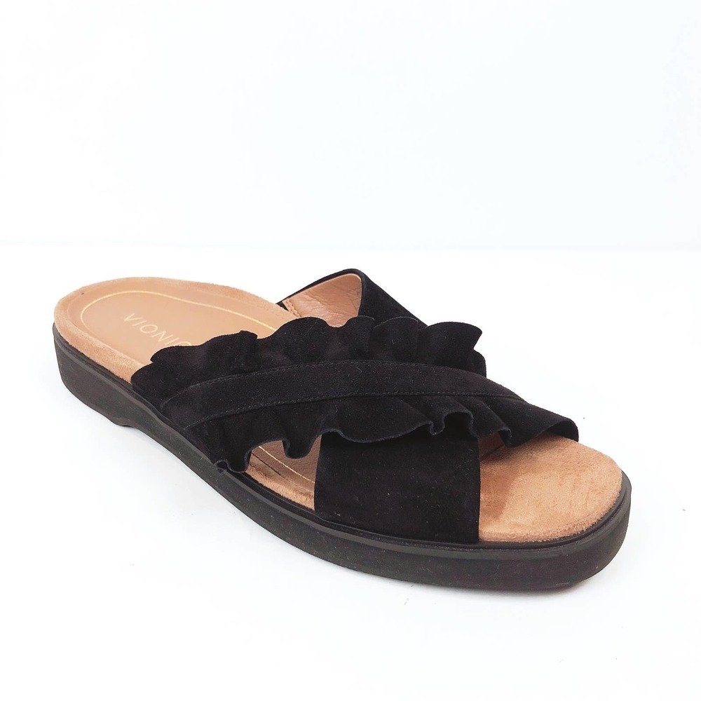 Vionic Leila Azalea Black Slip On Slide Suede Leather Sandal Size 9